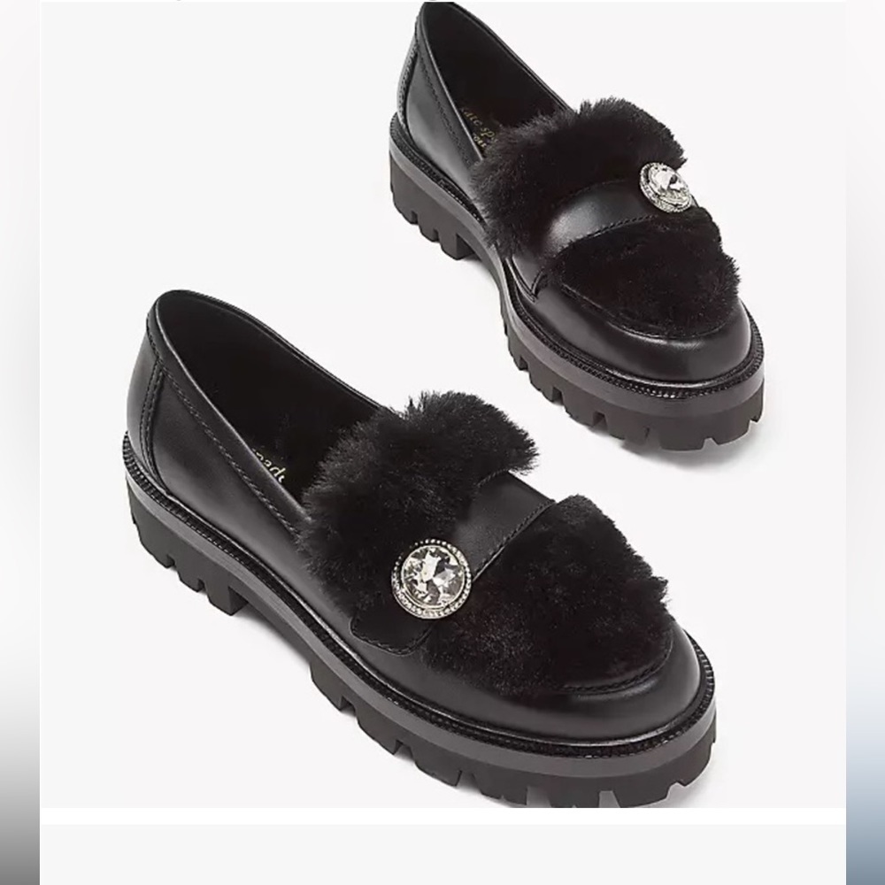 Kate Spade Posh Winter Black Leather Faux Fur Preppy Loafers Size 8 NEW!